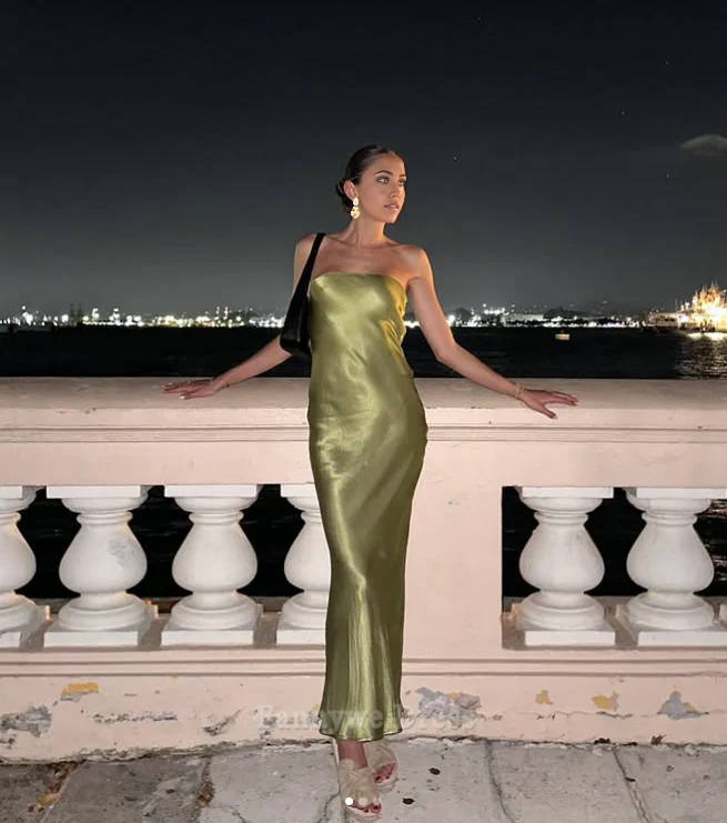Vestido largo formal de satén verde elegante sin tirantes para dama de honor, vestido de noche, vestido de fiesta